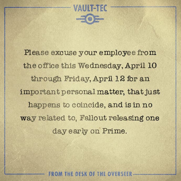 Amazon Fallout show releasing a day earlier than expected